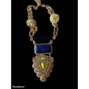 Large Pendant Fashion Statement Necklace Navy, Neon and Silver/ Gold